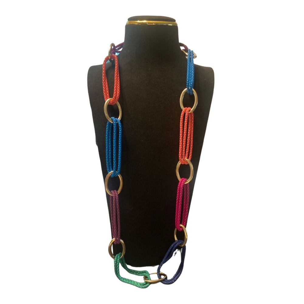 Colorful Mesh Necklace with Gold Tone Oval Links
